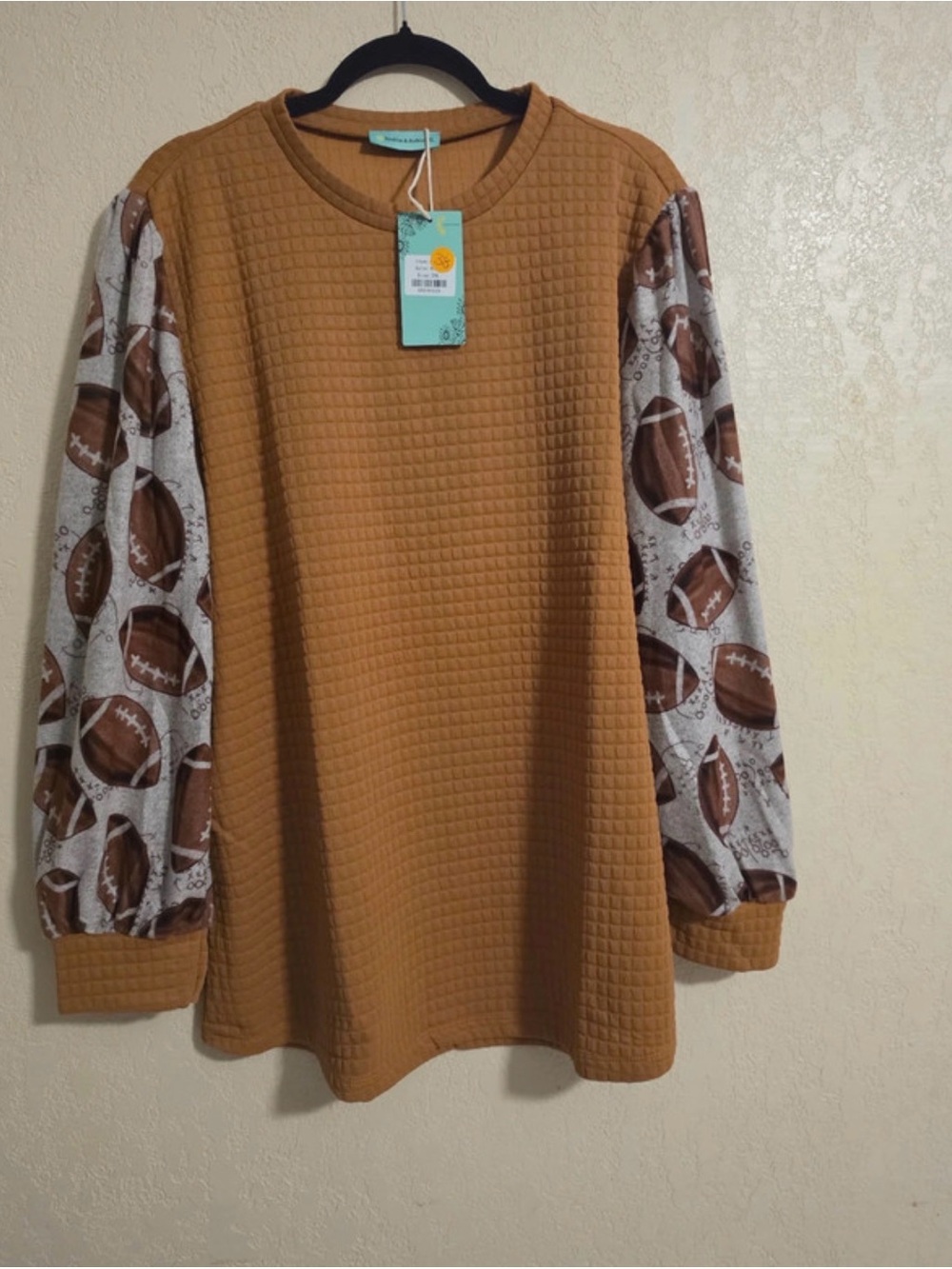 Girls' Brown Waffle Knit pullover with Football Print Sleeves